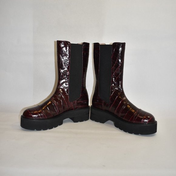 $700 STUART WEITZMAN PRESLEY CROC ULTRALIFT PLATFORM BOOT BURGUNDY 8 (PA21) - Picture 3 of 7